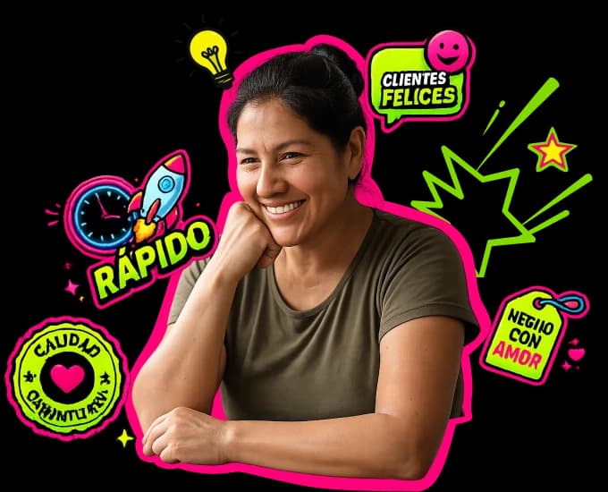 Mujer sonriendo con elementos gráficos